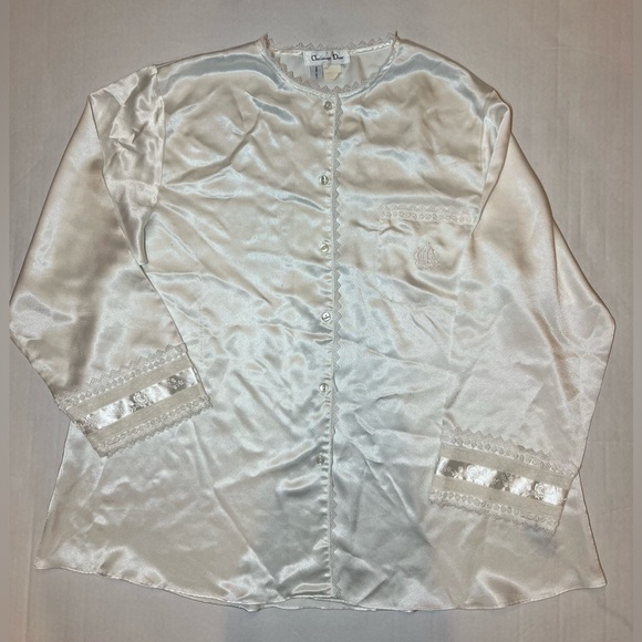 VTG CHRISTIAN DIOR Satin Button Down Top Saks Fit Embroidered Pajama Women's L - Picture 3 of 11